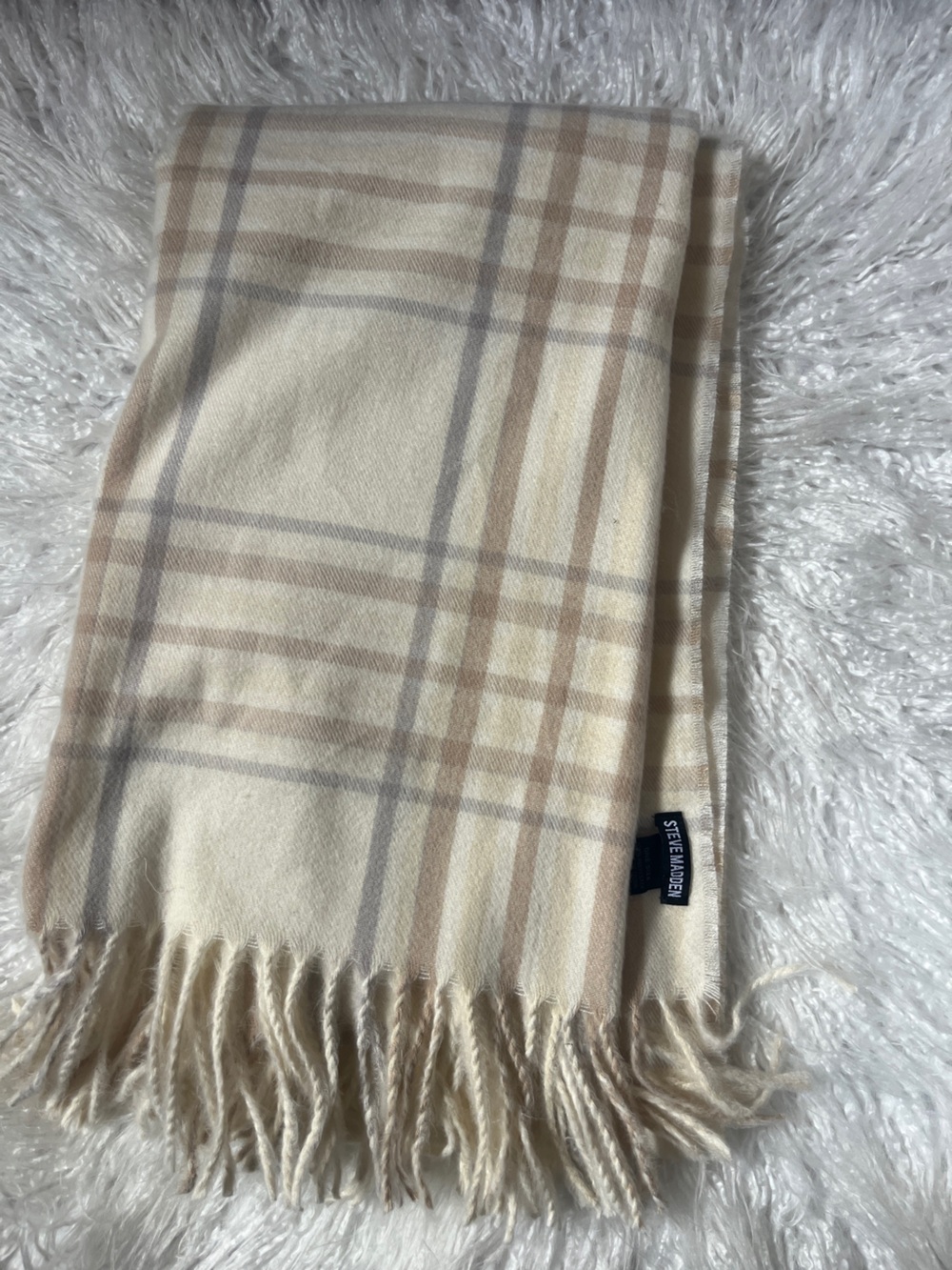 Steve Madden Beige and Cream Plaid Fringe Scarf